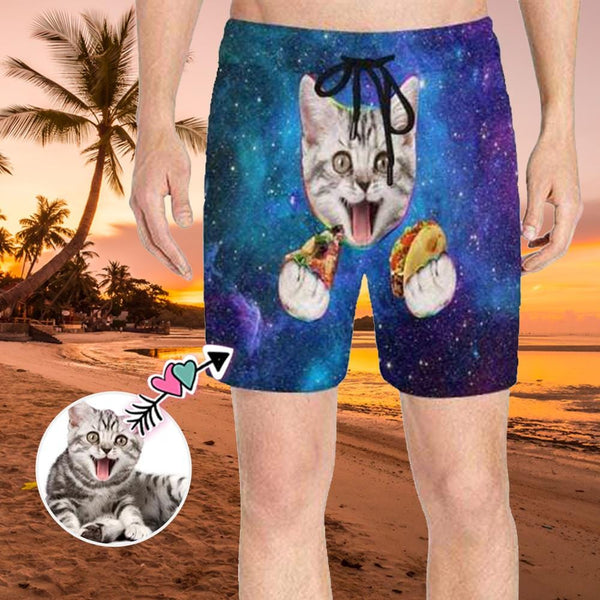 Custom Face Pet Pizza Mens Swim Short Personalized Funny Swim Trunks