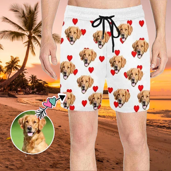 Custom Pet Face Heart Mens Swim Short Personalized Funny Swim Trunks