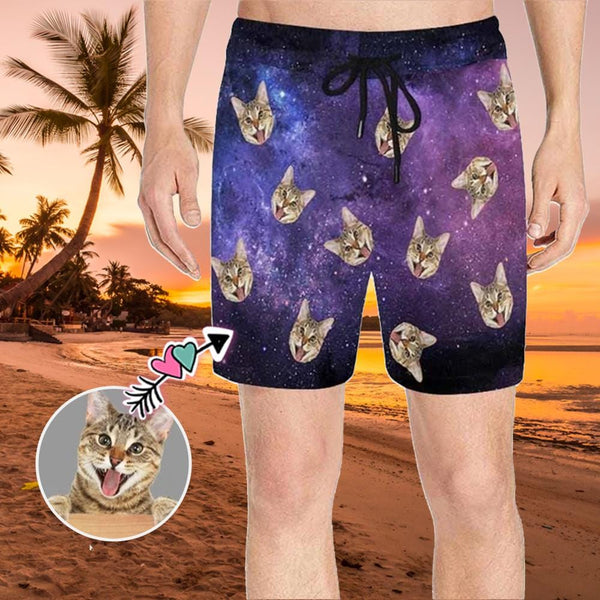 Custom Face Starry Sky Cat Mens Swim Shorts Personalized Swim Trunks