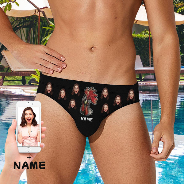 Custom Photo&Name Funny Cock Men's Swim Shorts Print Quick Dry Briefs