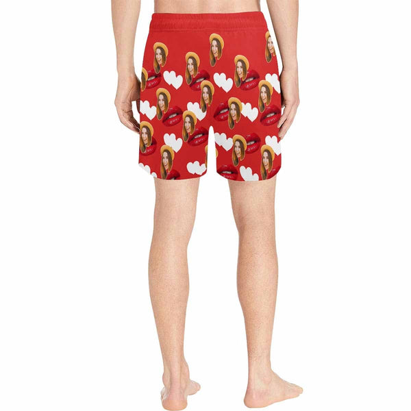 Custom Photo Red Mouth Men's Quick Dry Swim Shorts Personalized I Love My Girlfriend Swim Trunks with Sweet Pictures