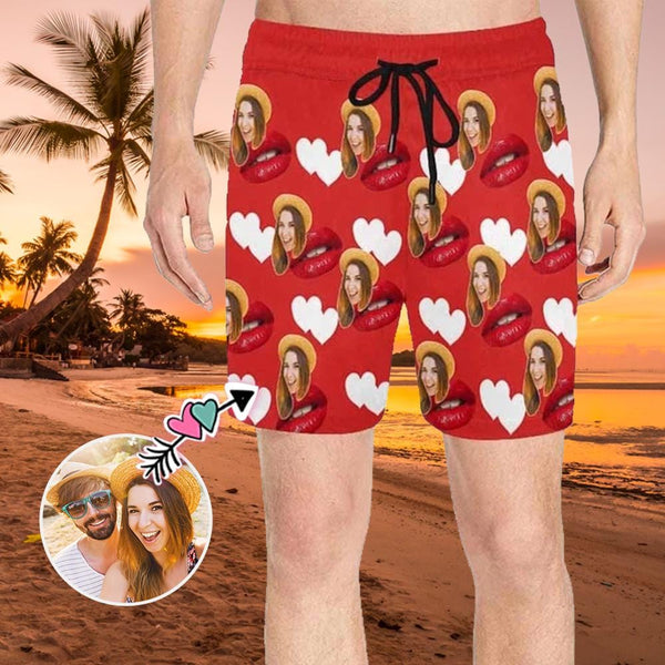 Custom Face Red Mouth Mens Swim Short Personalized Funny Swim Trunks