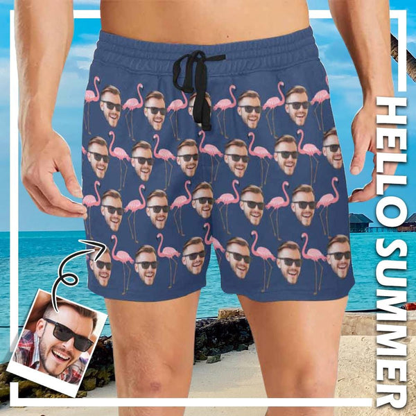 Custom Face Flamingo Mens Swim Shorts Personalized Funny Swim Trunks