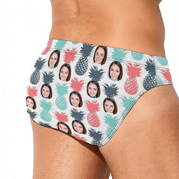 Customized Swim Trunks with Face Design Little Pineapple Men's Triangle Swim Briefs with Girlfriend's Face