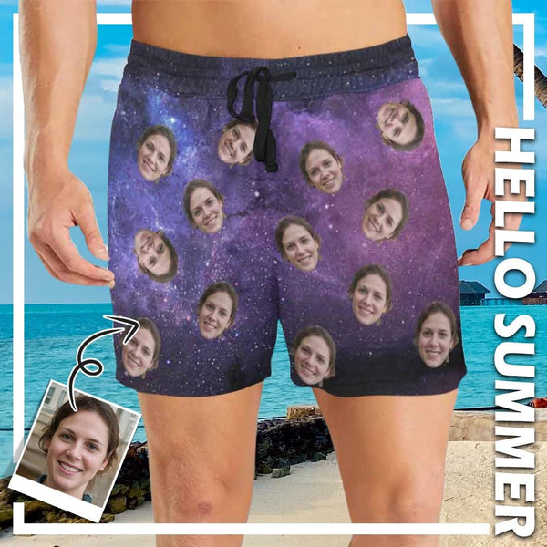 Custom Face Starry Sky Mens Swim Short Personalized Funny Swim Trunk