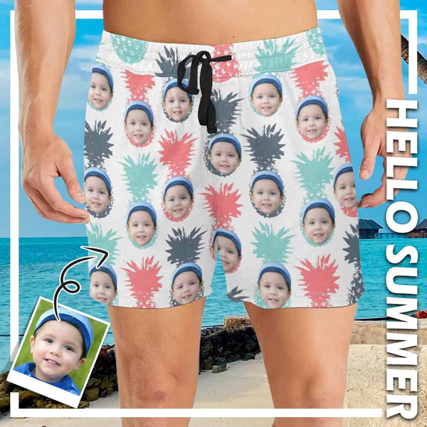 Custom Face Colorful Pineapple Mens Swim Shorts Funny Swim Trunks