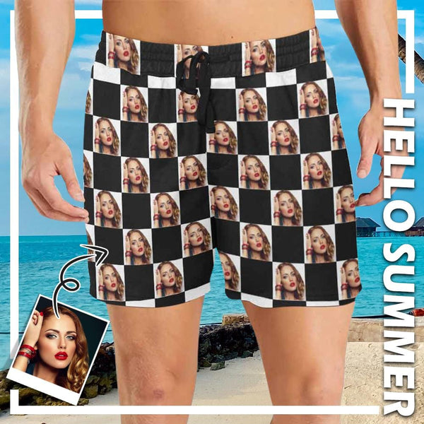 Custom Face Lattice Mens Swim Shorts Personalized Funny Swim Trunks