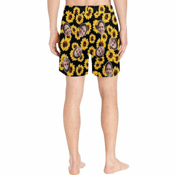 Personalized Girlfriend's Face Swim Shorts Custom Sunflowers Men's Quick Dry Swim Shorts for Him