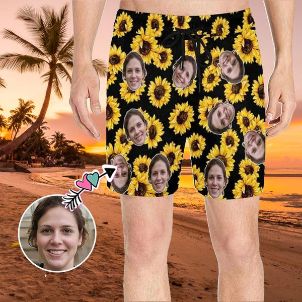 Custom Face Sunflowers Men S Swim Short Personalized Funny Swim Trunk