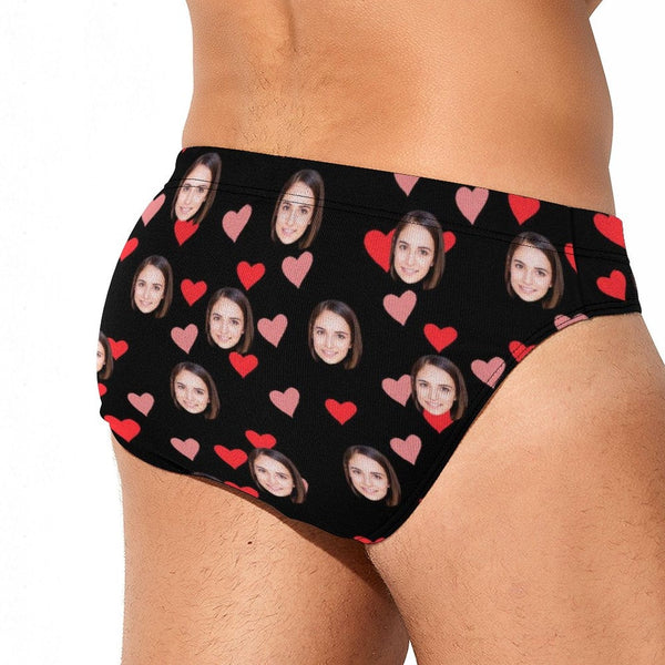 Personalized I Love My Girlfriend Swim Trunks with Custom Face Print Love Heart Men's Triangle Swim Briefs for Holiday