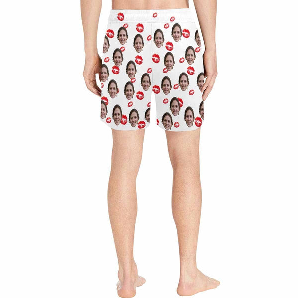 Personalized I Love My Girlfriend Swim Trunks with Face Design Lips Men's Quick Dry Swim Shorts for Valentine's Day