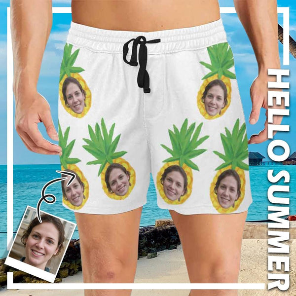 Custom Face in Ananas Mens Swim Short Personalized Funny Swim Trunks