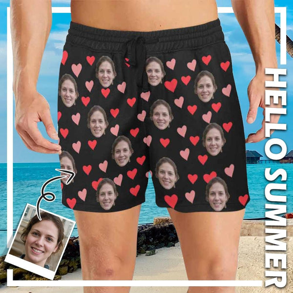 Custom Face Colorful Heart Mens Quick Dry Swim Shorts Swim Trunks