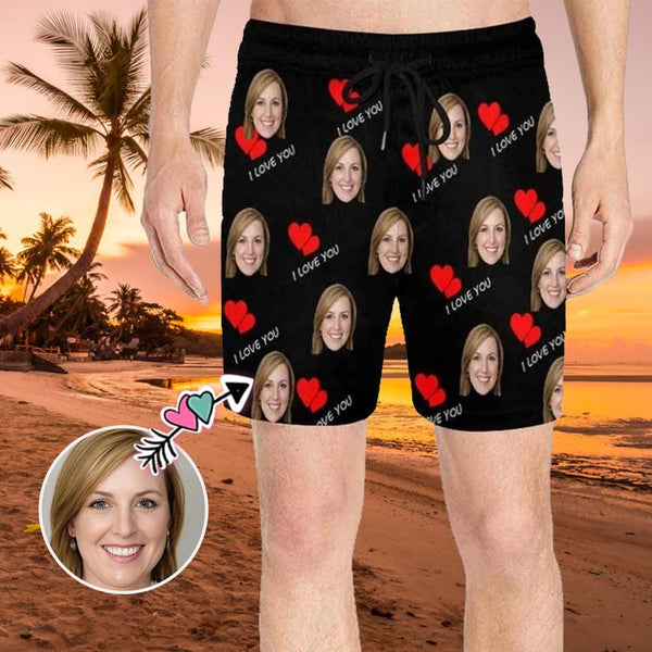 Custom Face Love You Red Heart Mens Swim Shorts Funny Swim Trunks