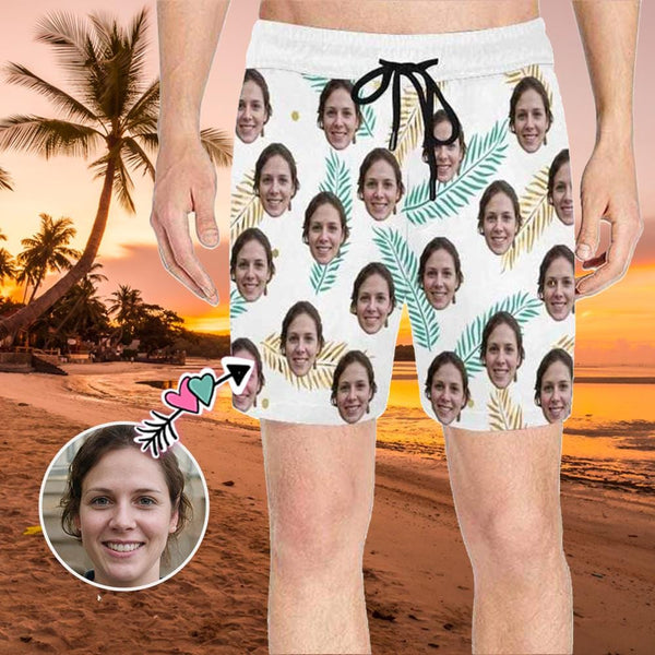 Custom Face Leave Mens Swim Shorts Personalized Funny Swim Trunks