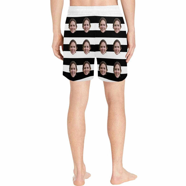 Personalized Swim Trunks Custom Face Simple White Black Stripes Men's Quick Dry Swim Shorts for Him