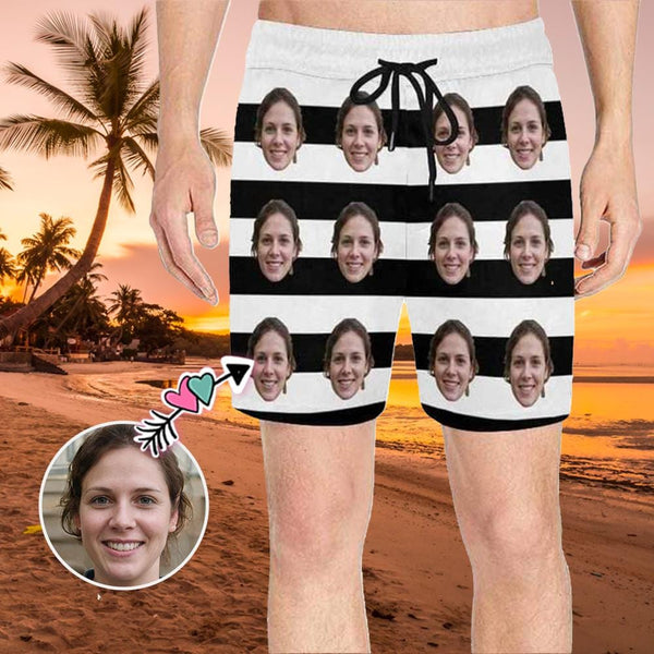 Custom Face White Black Stripes Mens Swim Shorts Funny Swim Trunks