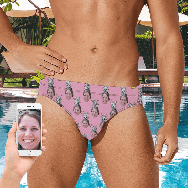 Personalized Face Pink Pineapple Men's Swim Shorts Custom Triangle Swim Briefs Men's Quick Dry Swim Shorts with Girlfriend's Face