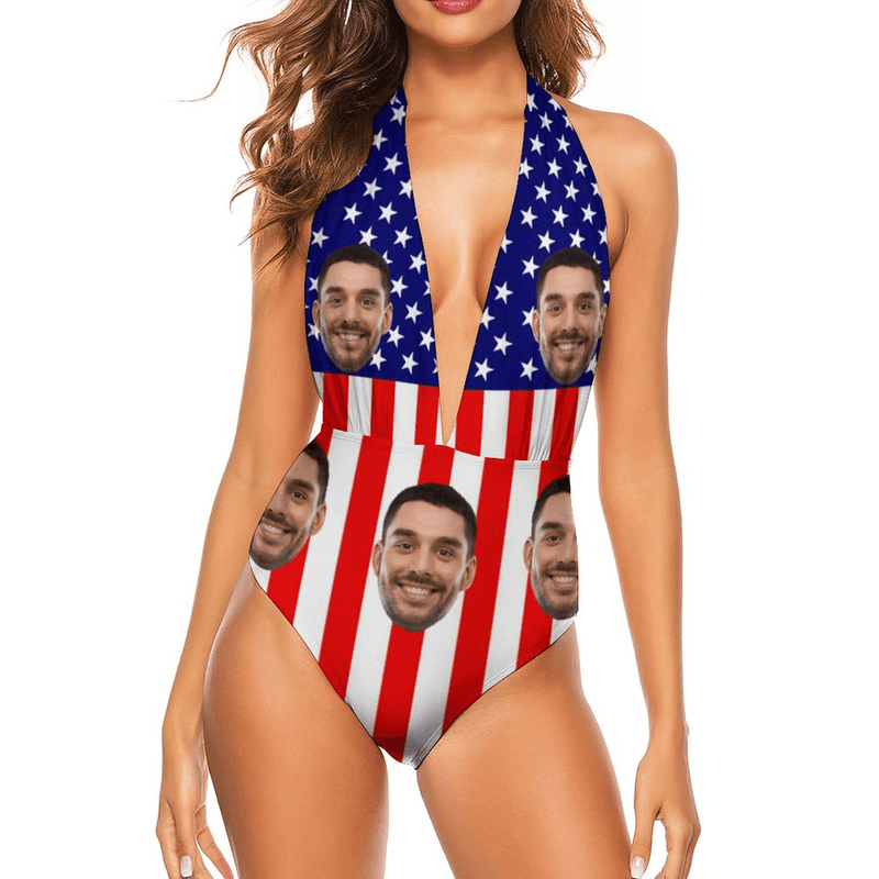 Custom American Flag Swimsuit Personalized Women's Backless V-Neck One Piece Bathing Suit Celebrate Holiday Party