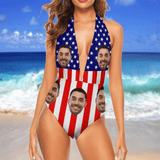 Custom American Flag Swimsuit Personalized Women's Backless V-Neck One Piece Bathing Suit Celebrate Holiday Party