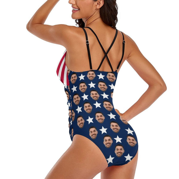 Custom Face USA Flag Swimsuit Personalized Women's One Piece Swimsuit