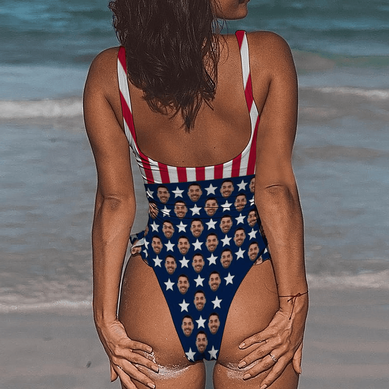 #Trip Flagbathingsuit#Independence Day-Custom Face Stars&Stripes Swimsuit Personalized Women's Ruffle One Piece Bathing Suit Celebrate Holiday