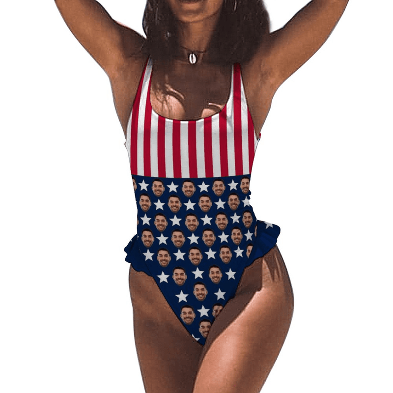 #Trip Flagbathingsuit#Independence Day-Custom Face Stars&Stripes Swimsuit Personalized Women's Ruffle One Piece Bathing Suit Celebrate Holiday