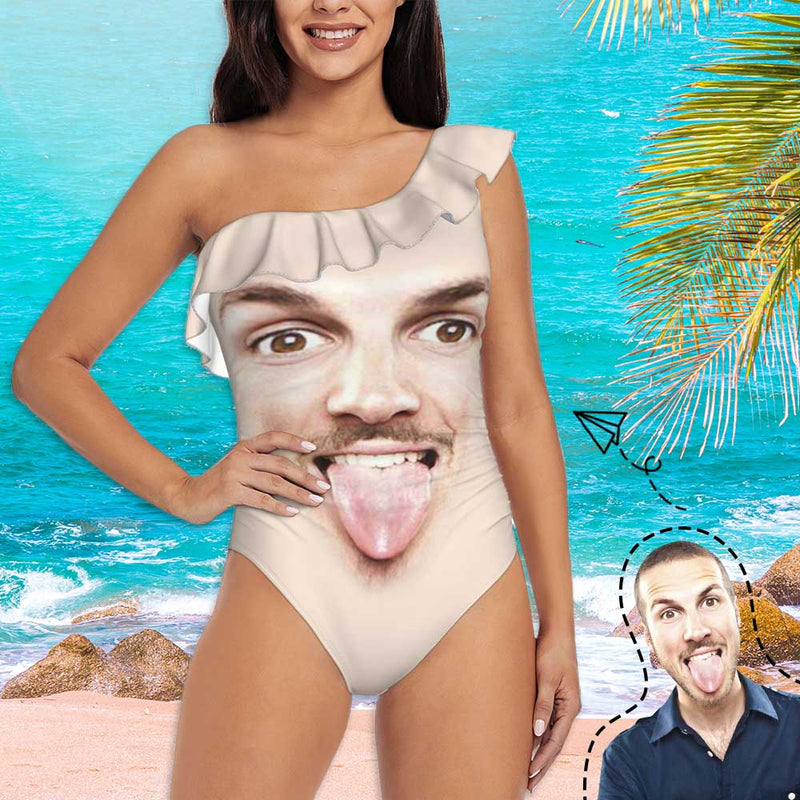 Custom Funny Face Swimwear Personalized Women's One Shoulder Ruffle One Piece Swimsuit