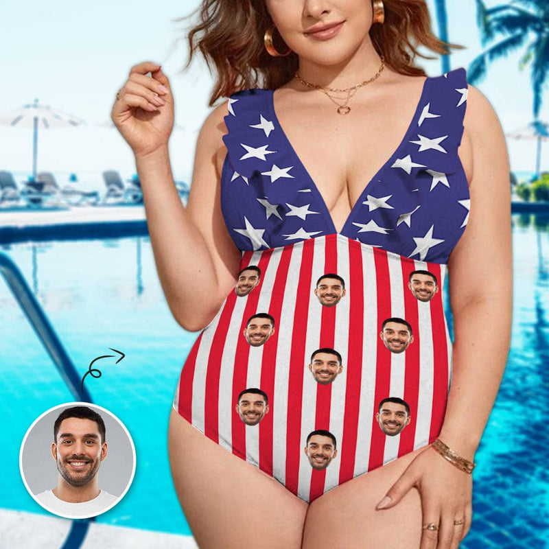 #Plus-Size American Flag Style One Piece Boat Trip Beach Cruise Custom Face American Flag Swimsuit Personalized Tankini Bathing Suit For Women 2 Piece Swmsuit