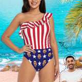 #July 4-4th of July Custom Face USA Flag Swimwear Personalized Women's One Shoulder Ruffle One Piece Swimsuit