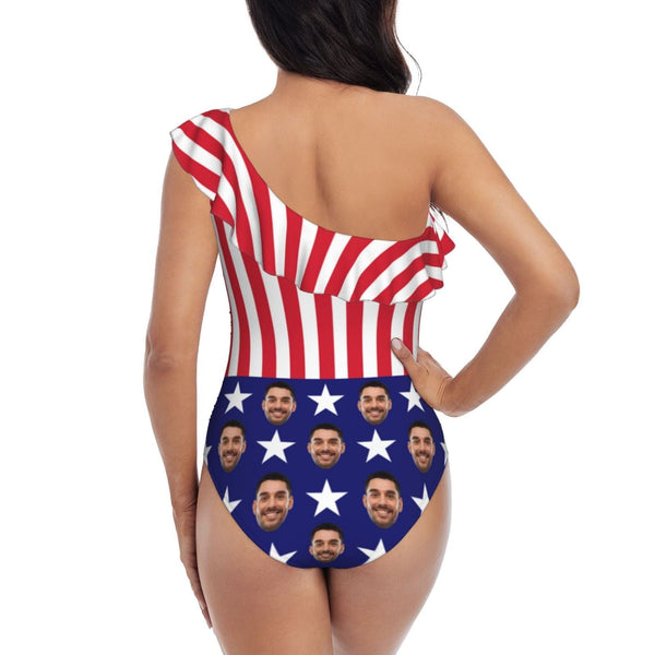 #July 4-4th of July Custom Face USA Flag Swimwear Personalized Women's One Shoulder Ruffle One Piece Swimsuit