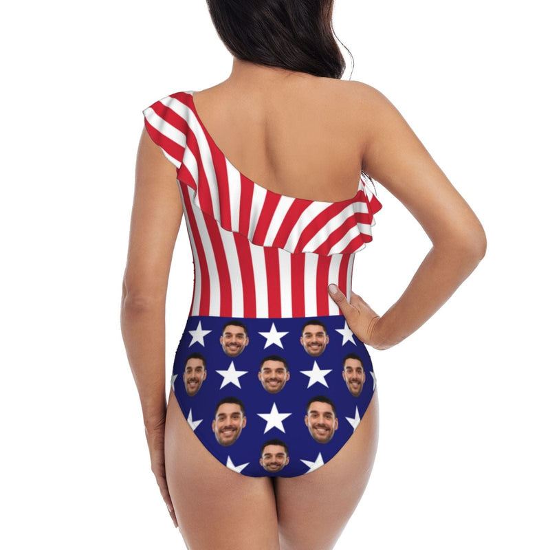 #July 4-4th of July Custom Face USA Flag Swimwear Personalized Women's One Shoulder Ruffle One Piece Swimsuit