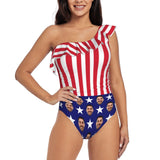 #July 4-4th of July Custom Face USA Flag Swimwear Personalized Women's One Shoulder Ruffle One Piece Swimsuit