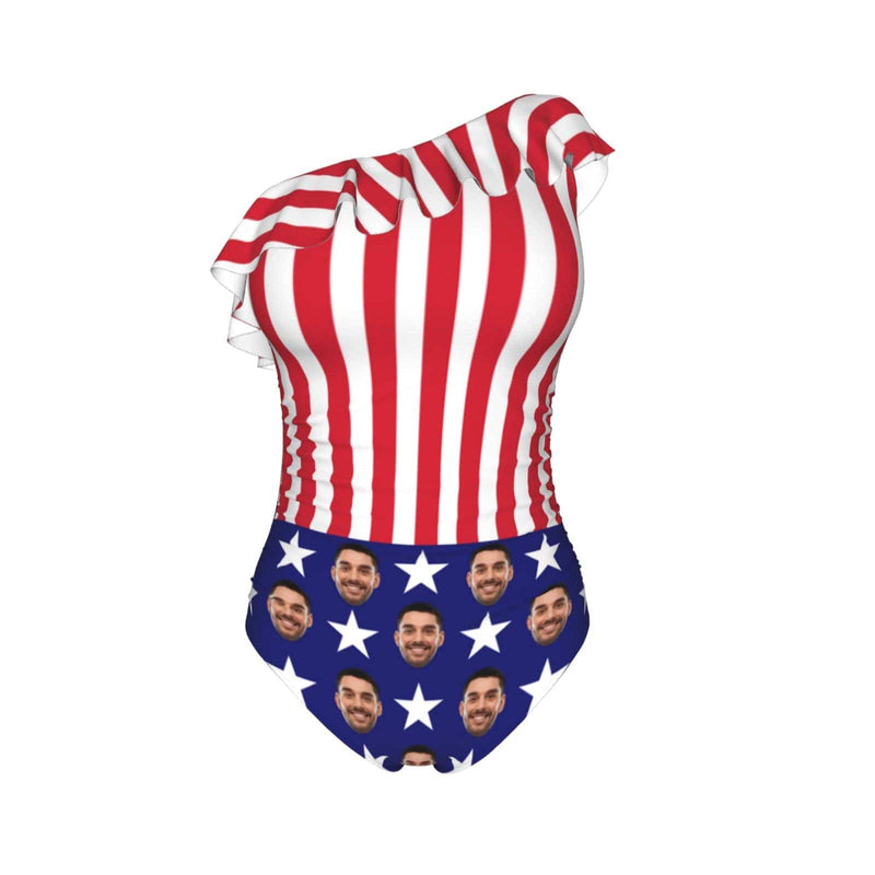 #July 4-4th of July Custom Face USA Flag Swimwear Personalized Women's One Shoulder Ruffle One Piece Swimsuit