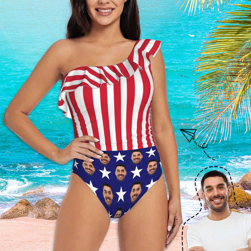 #July 4-4th of July Custom Face USA Flag Swimwear Personalized Women's One Shoulder Ruffle One Piece Swimsuit