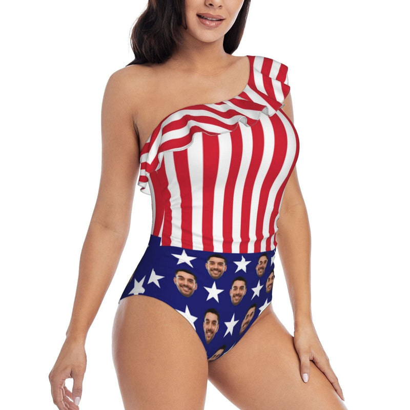 #July 4-4th of July Custom Face USA Flag Swimwear Personalized Women's One Shoulder Ruffle One Piece Swimsuit