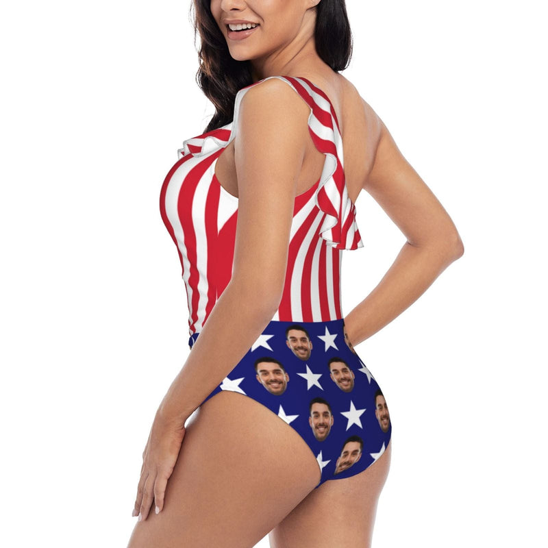 #July 4-4th of July Custom Face USA Flag Swimwear Personalized Women's One Shoulder Ruffle One Piece Swimsuit