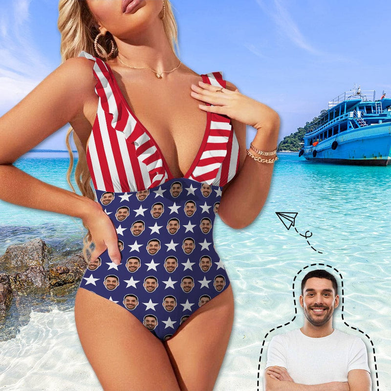 Custom Face American Flag Swimsuit Personalized Women's One Piece Bathing Suit Celebrate Holiday