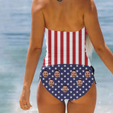 Custom Face American Flag Womens Sexy Halter Tummy Control Swimsuit Tankini Top Sets Fashion Two Piece Bathing Suit with Tie Side