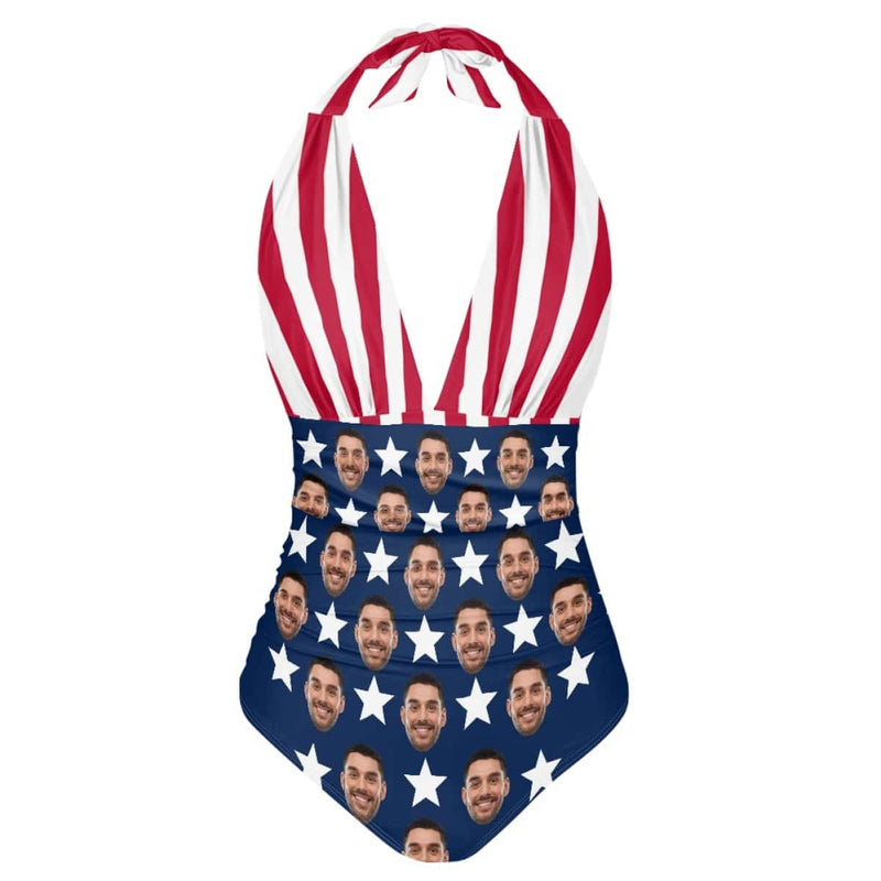 Custom Face American Flag Women's Halter Neck Tie One Piece Swimsuit Sexy Backless Wide Straps V Neck