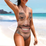 Custom Face Big Funny Face Women's Halter Neck Tie One Piece Swimsuit Sexy Backless Wide Straps V Neck