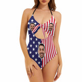 American Flag Monokini Custom Boyfriend Face Flag Swimsuit Women's Backless Bow Hollow Out Swimsuit