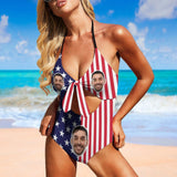 American Flag Monokini Custom Boyfriend Face Flag Swimsuit Women's Backless Bow Hollow Out Swimsuit