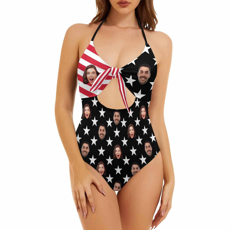 American Flag Monokini Custom Couple Face Flag Swimsuit Personalized Women's Backless Bow One Piece Bathing Suit