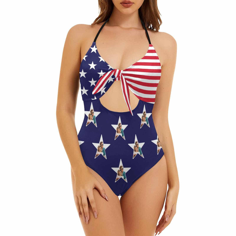 American Flag Monokini Custom Five-pointed Star Couple Photos Swimsuit Women's Backless Bow Hollow Out Bathing Suit