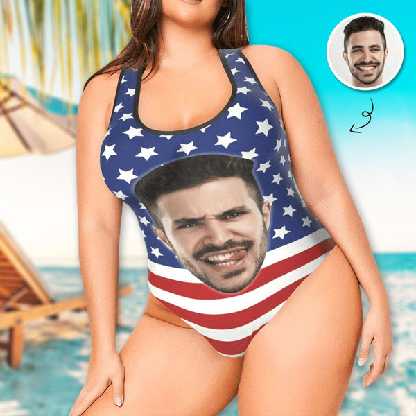 Best Plus Size Swimsuit#American Flag Maternity Bathingsuit #Independence Day#Custom Husband Face American Flag Swimsuit Personalized Tank Top One Piece Bathing Suit Celebrate Holiday Party