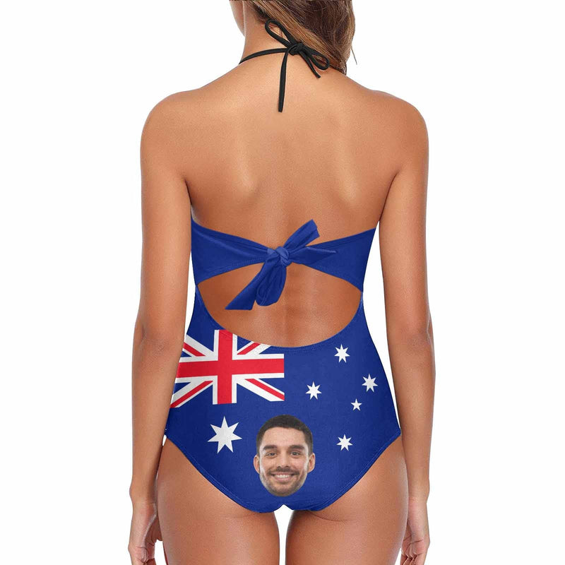 Custom Australia Flag Lace Band Embossing Face Swimsuit Women's New Strap One Piece Bathing Suit Celebrate Holiday Party