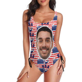 Custom Face American Flag Swimsuit Personalized Women's New Drawstring Side One Piece Bathing Suits Celebrate Holiday Party