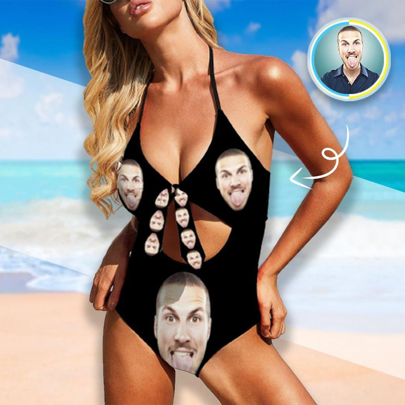 Custom Face Black Women's Backless Bow One Piece Swimsuit