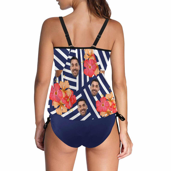 Custom Face Blue Striped Colorful Flowers Swimsuit Personalized Womens Tankini Top Sets Bikini Two Piece Bathing Suit